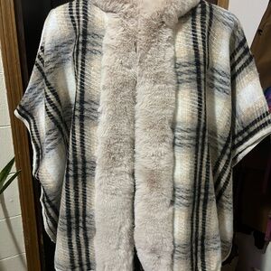Hooded Plaid Poncho with Faux Fur Trim